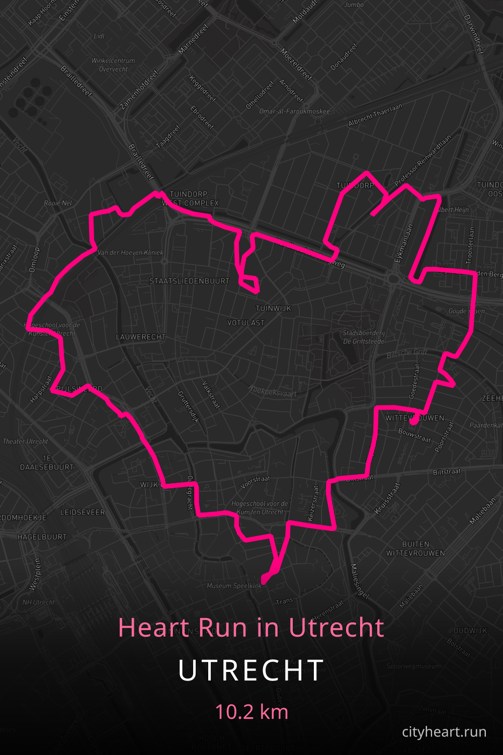 Heart-shaped running route in Utrecht, 11.2 km — GPS art for Strava