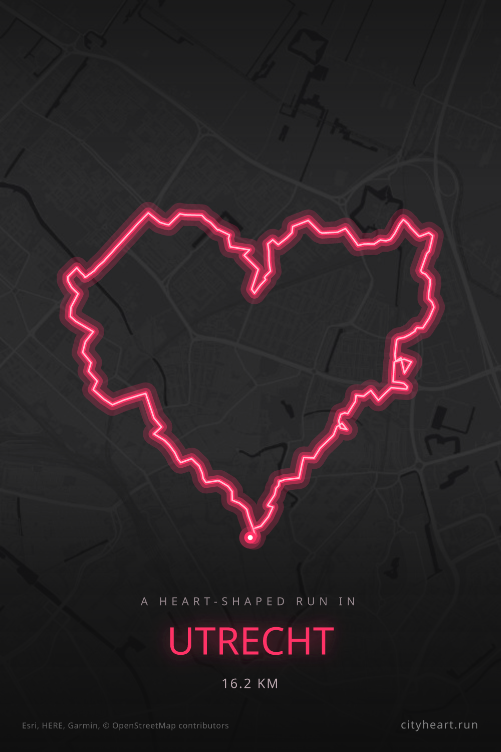 Heart-shaped running route in Utrecht, 16.2 km — GPS art for Strava
