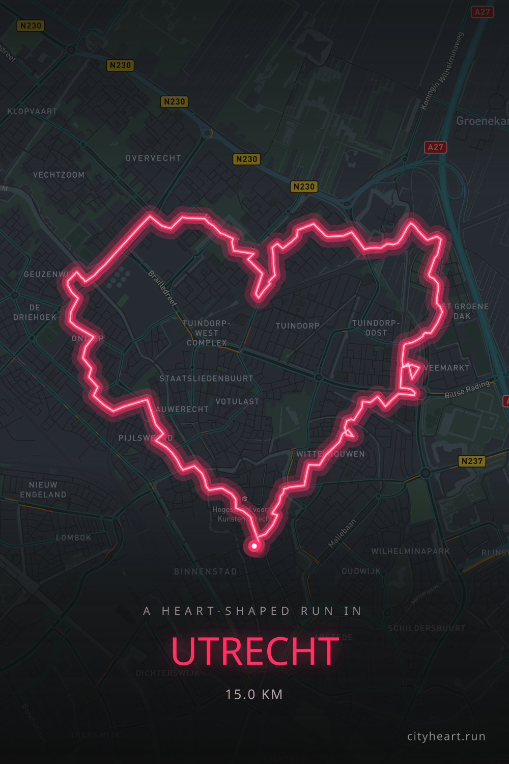 Heart-shaped running route in Utrecht, 16.2 km — GPS art for Strava