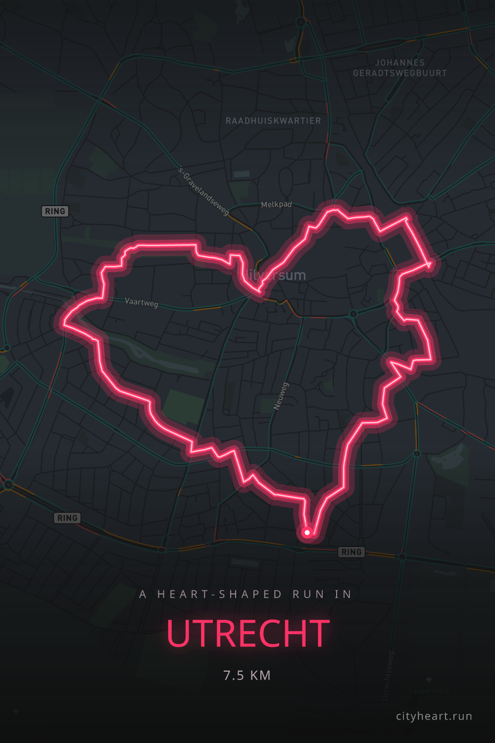 Heart-shaped running route in Utrecht, 7.5 km — GPS art for Strava