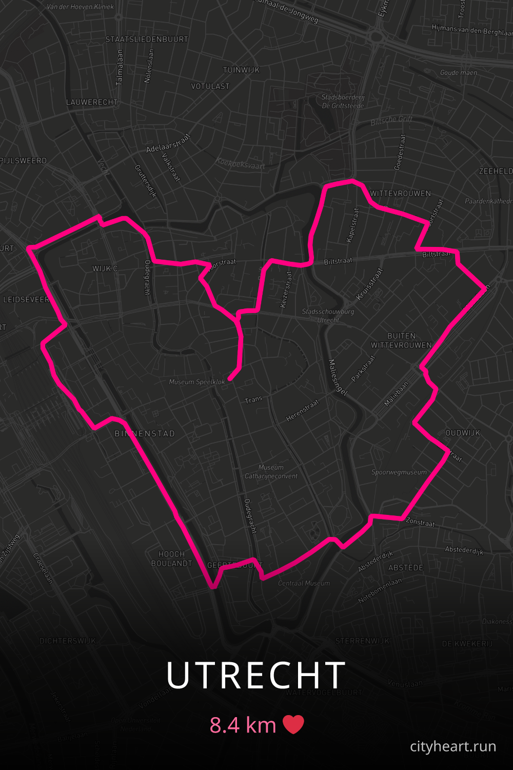 Heart-shaped running route in Utrecht, 8.4 km — GPS art for Strava