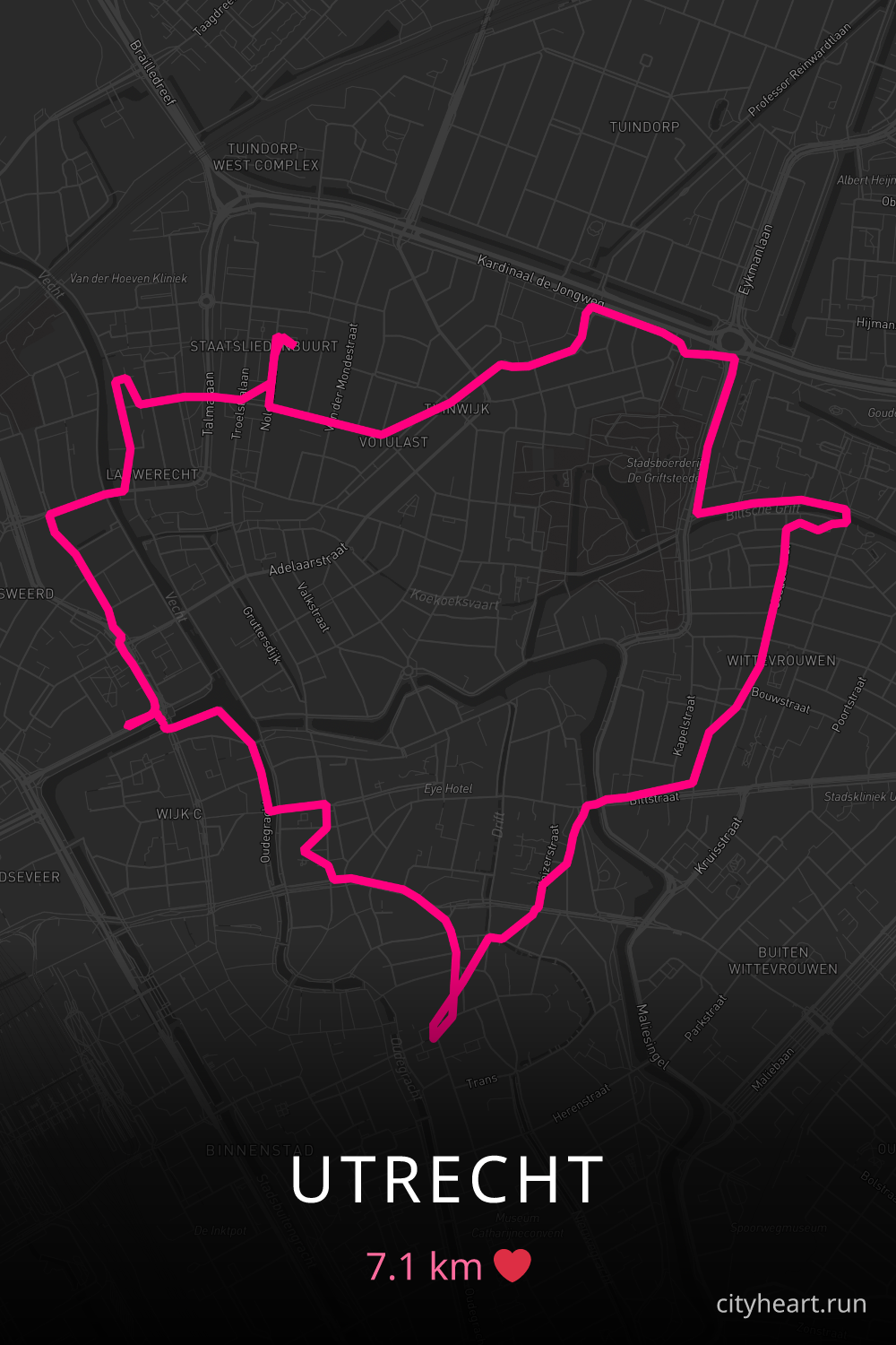 Heart-shaped running route in Utrecht, 7.1 km — GPS art for Strava