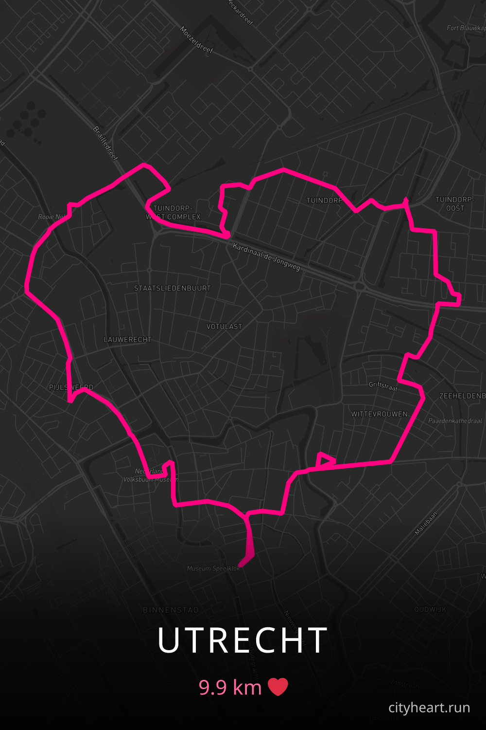 Heart-shaped running route in Utrecht, 9.9 km — GPS art for Strava