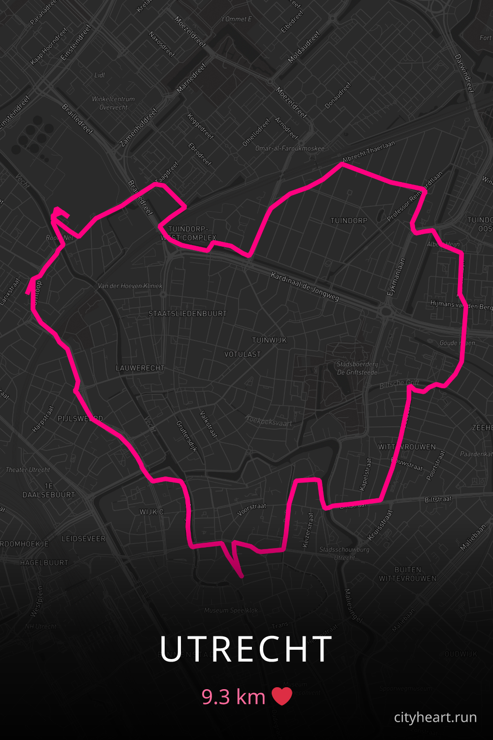 Heart-shaped running route in Utrecht, 9.3 km — GPS art for Strava