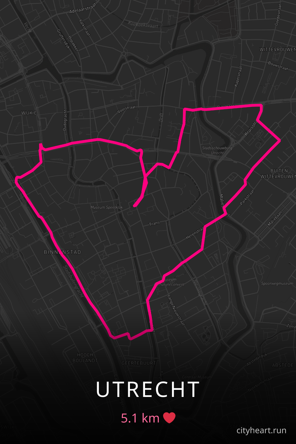 Heart-shaped running route in Utrecht, 5.1 km — GPS art for Strava