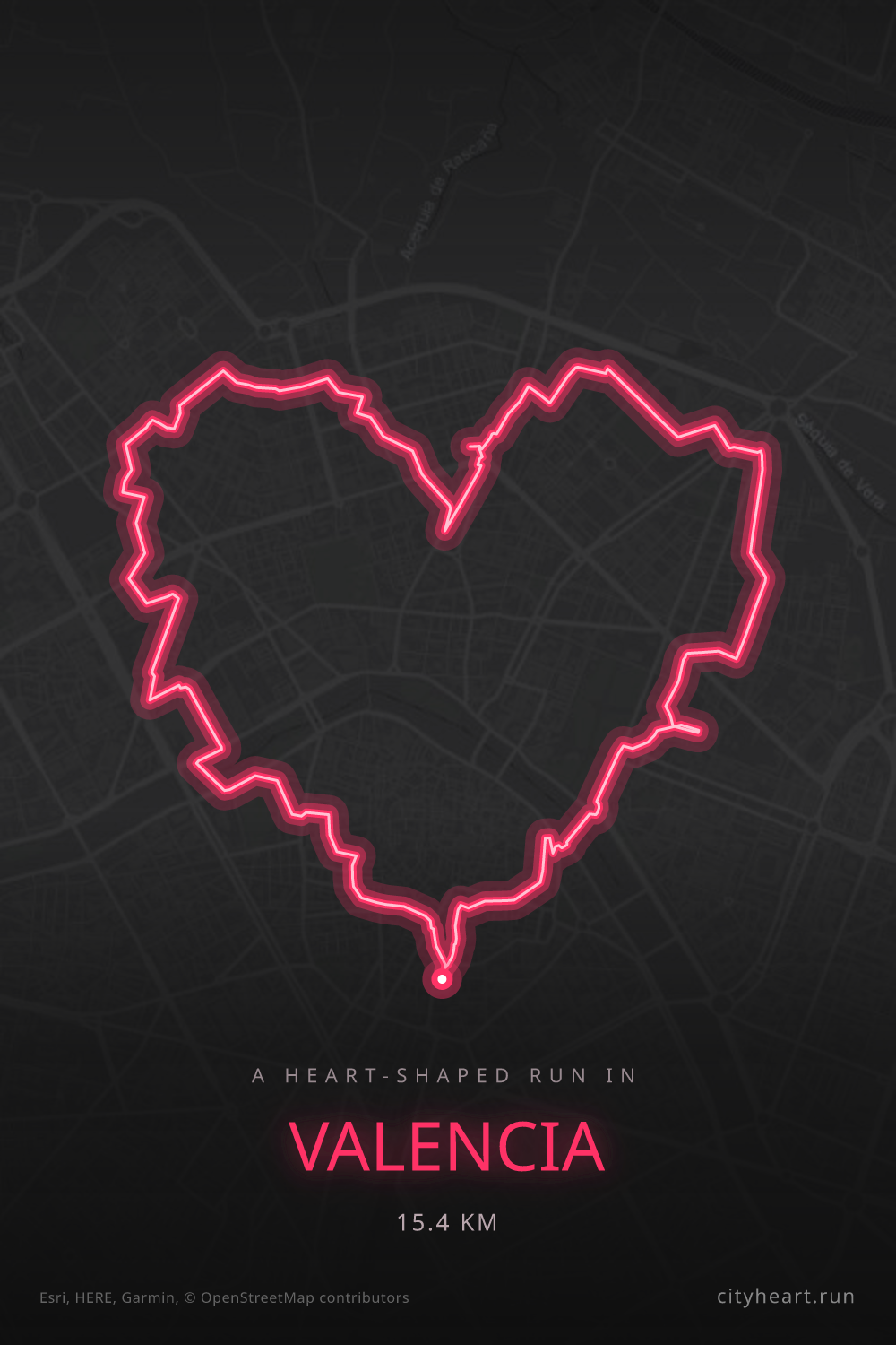 Heart-shaped running route in Valencia, 15.4 km — GPS art for Strava