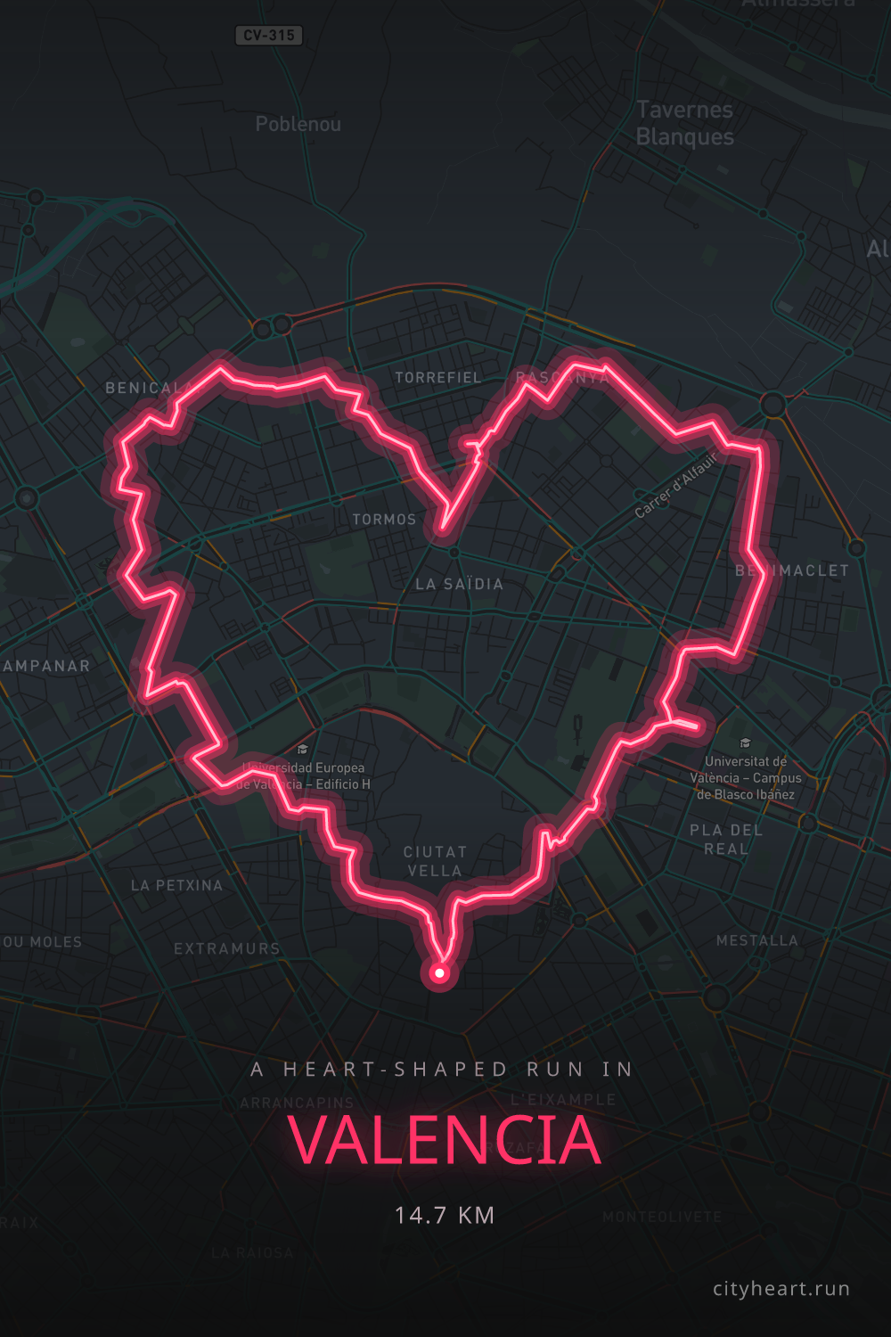 Heart-shaped running route in Valencia, 15.4 km — GPS art for Strava
