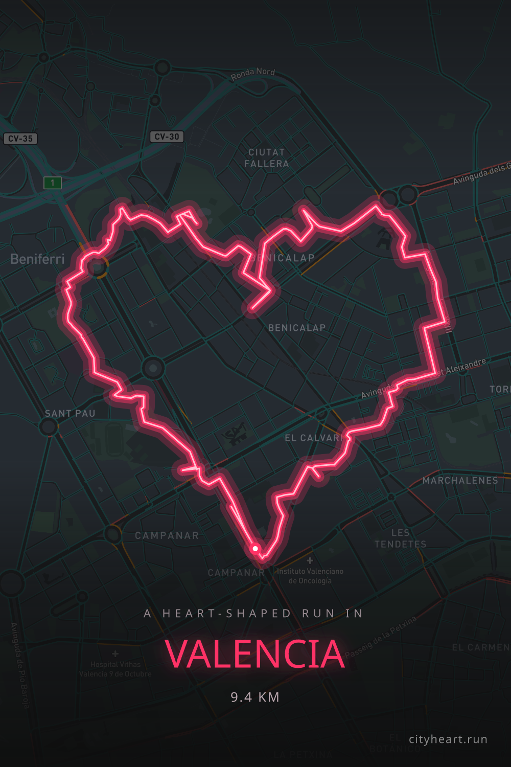 Heart-shaped running route in Valencia, 9.4 km — GPS art for Strava