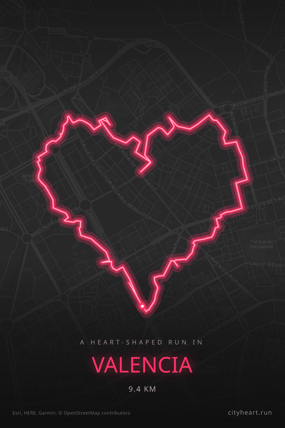 Heart-shaped running route in Valencia, 9.4 km — GPS art for Strava
