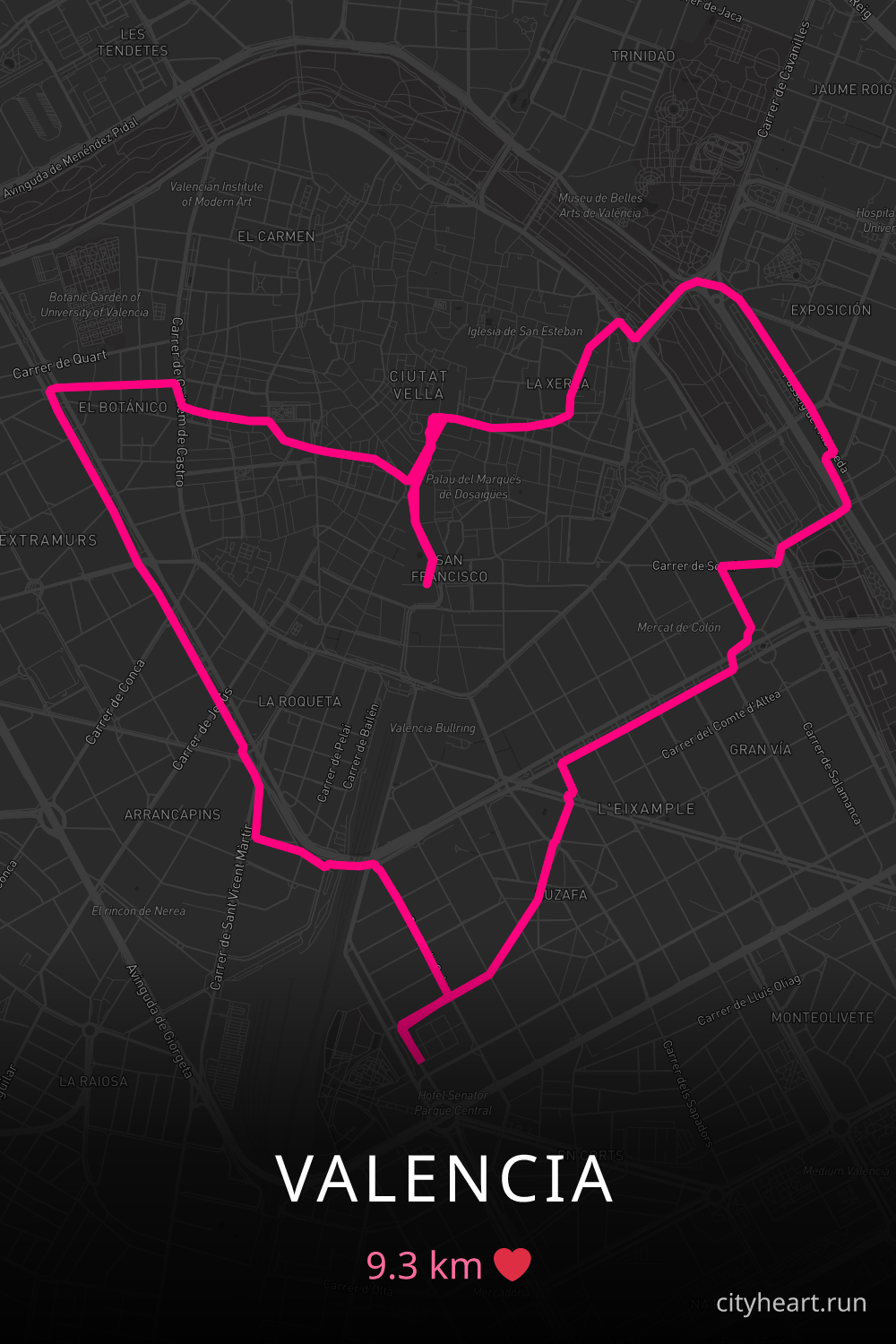 Heart-shaped running route in Valencia, 9.3 km — GPS art for Strava