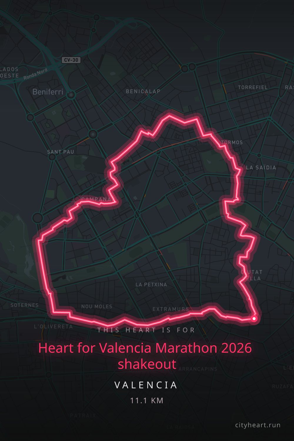 Heart-shaped running route in Valencia, 11.1 km — GPS art for Strava