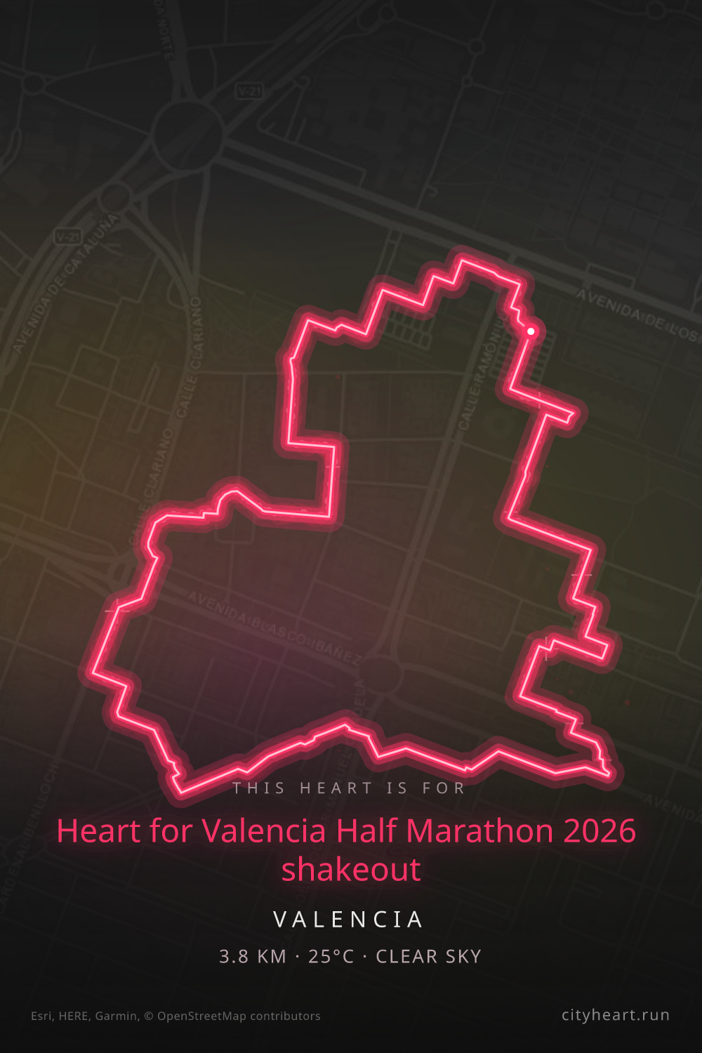 Heart-shaped running route in Valencia, 3.8 km — GPS art for Strava