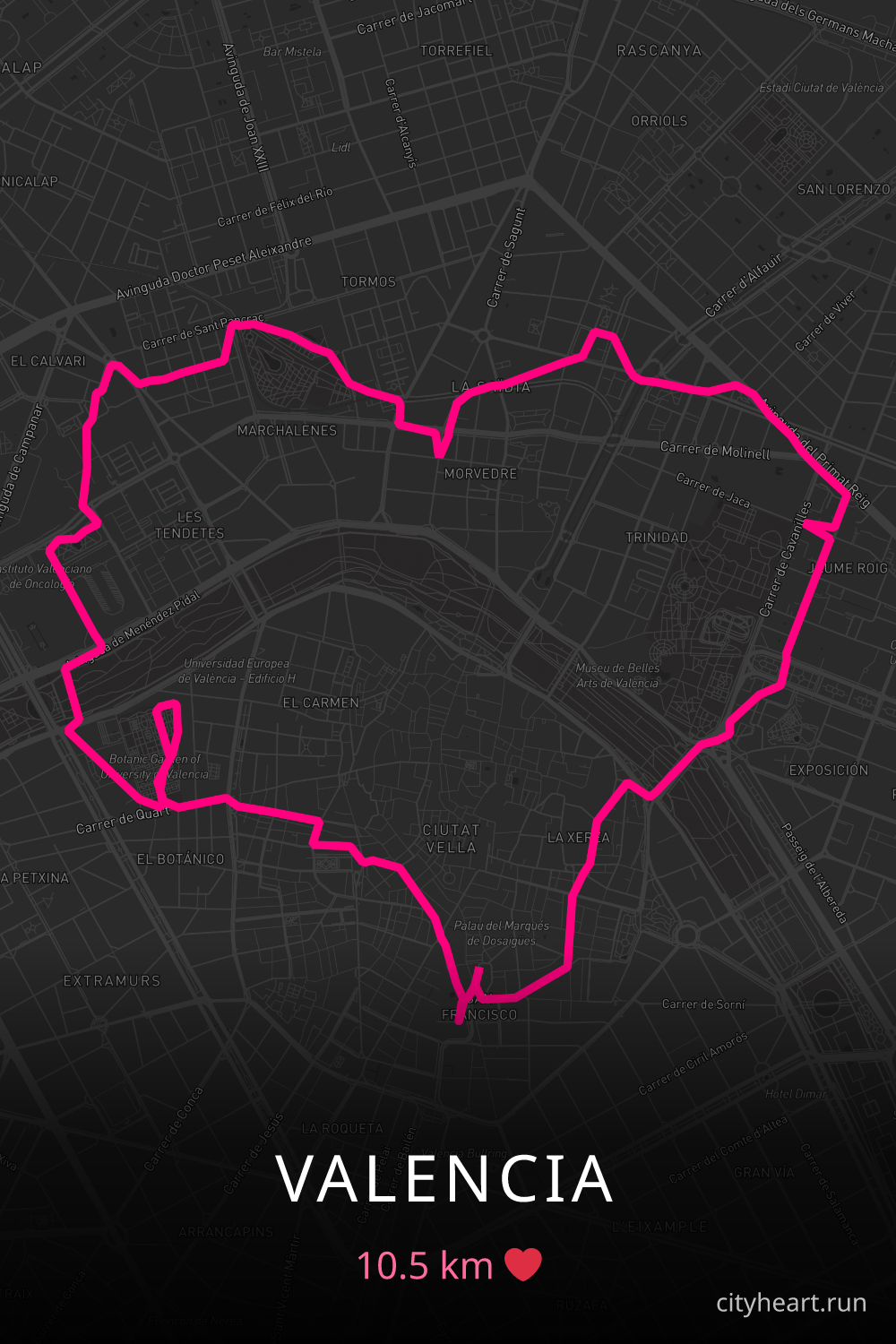 Heart-shaped running route in Valencia, 10.5 km — GPS art for Strava
