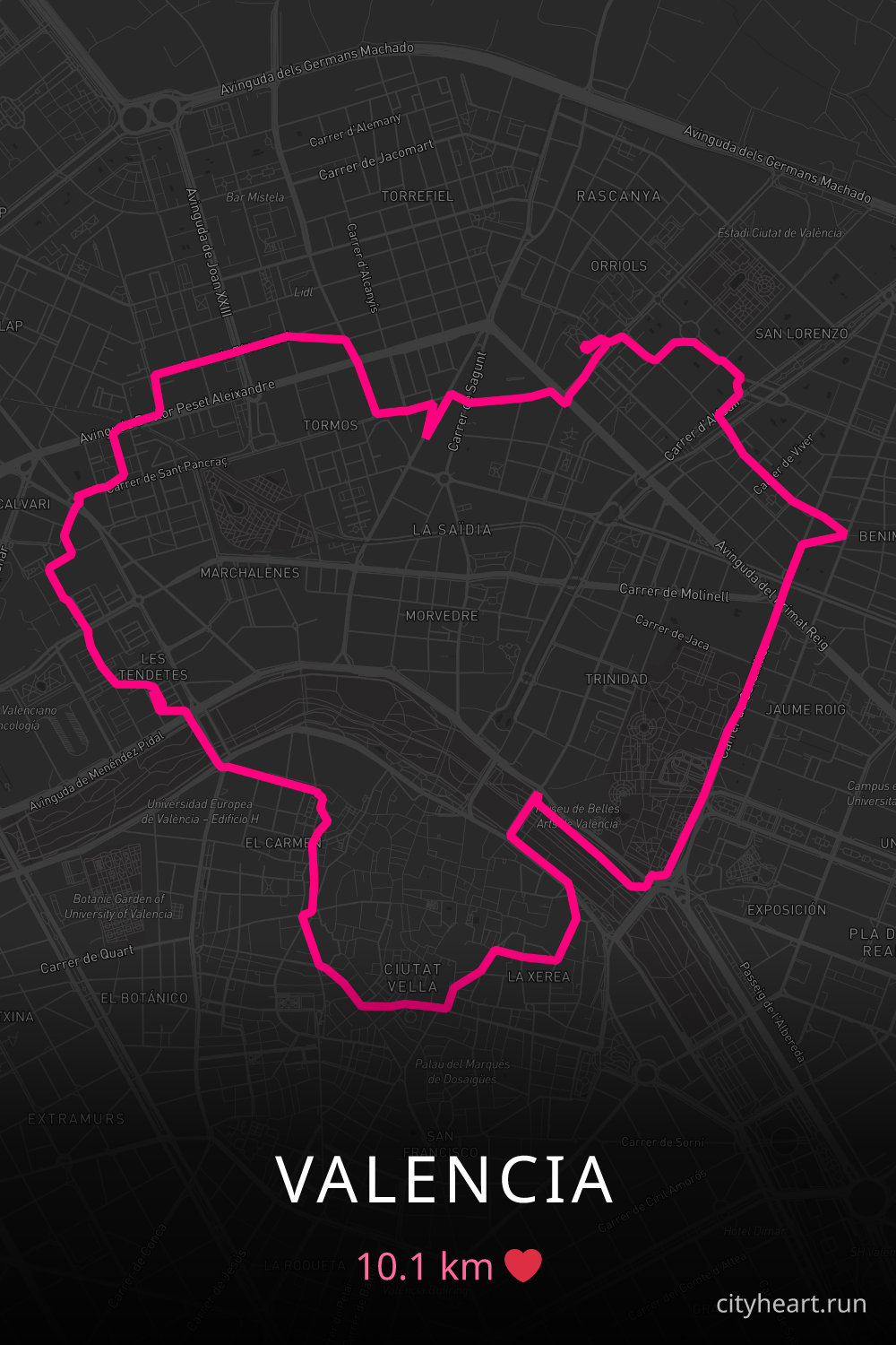 Heart-shaped running route in Valencia, 10.1 km — GPS art for Strava
