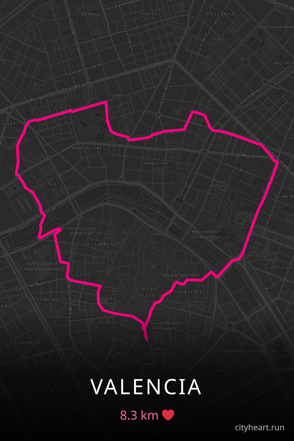 Heart-shaped running route in Valencia, 8.3 km — GPS art for Strava