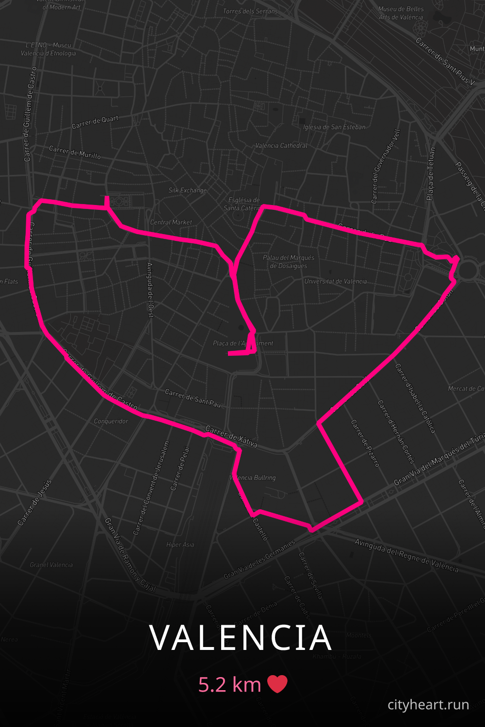 Heart-shaped running route in Valencia, 5.2 km — GPS art for Strava