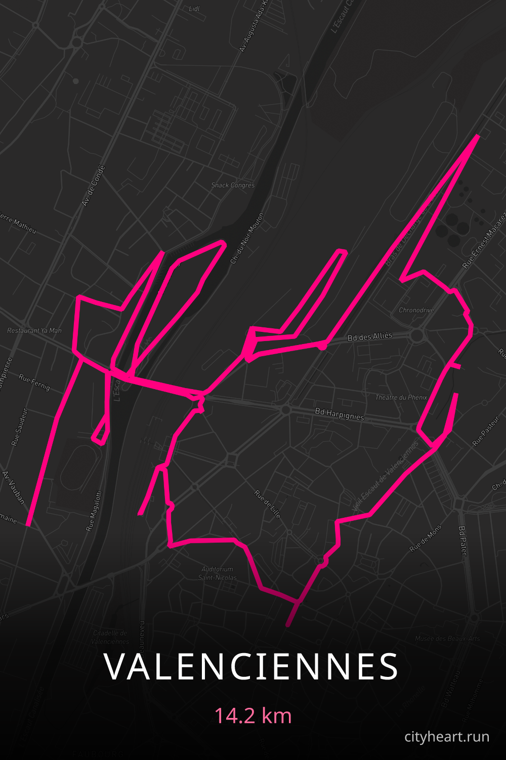 Heart-shaped running route in Valenciennes, 14.2 km — GPS art for Strava