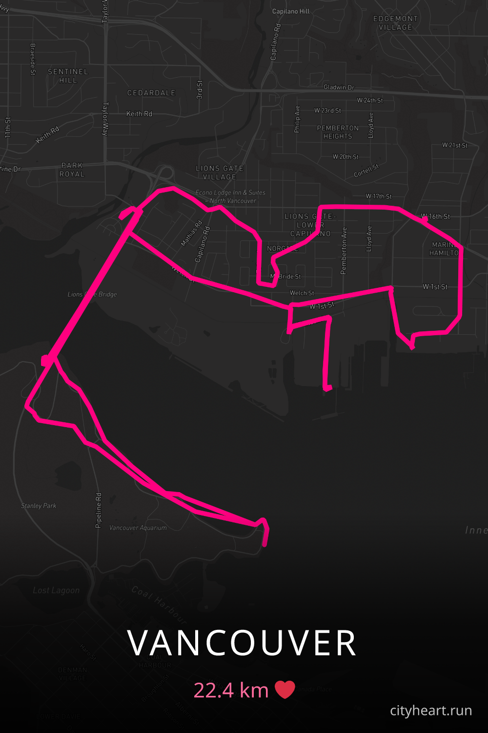 Heart-shaped running route in Vancouver, 22.4 km — GPS art for Strava