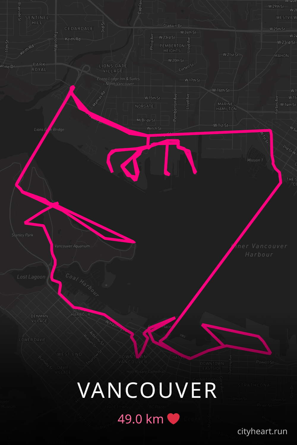 Heart-shaped running route in Vancouver, 49.0 km — GPS art for Strava