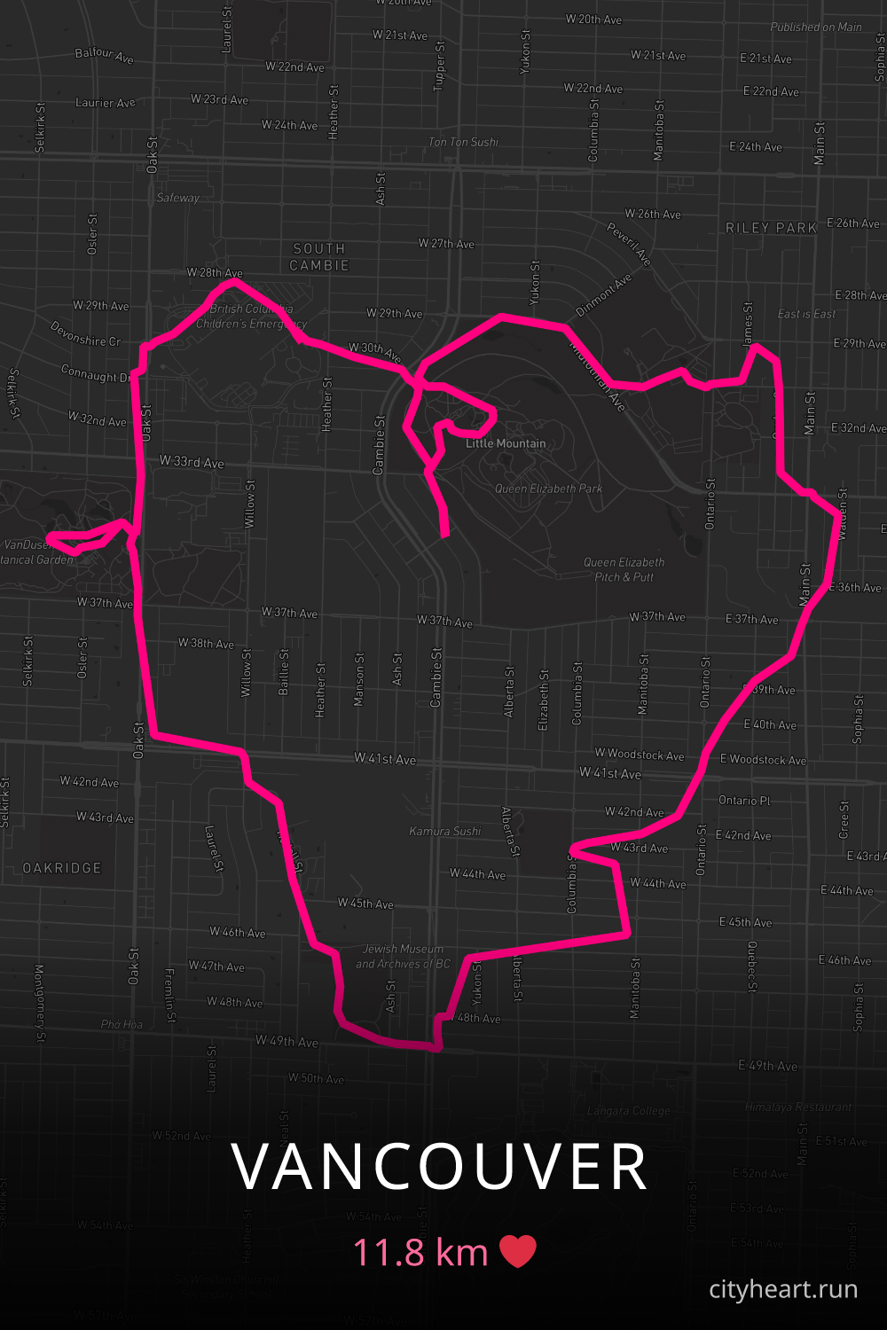 Heart-shaped running route in Vancouver, 11.8 km — GPS art for Strava