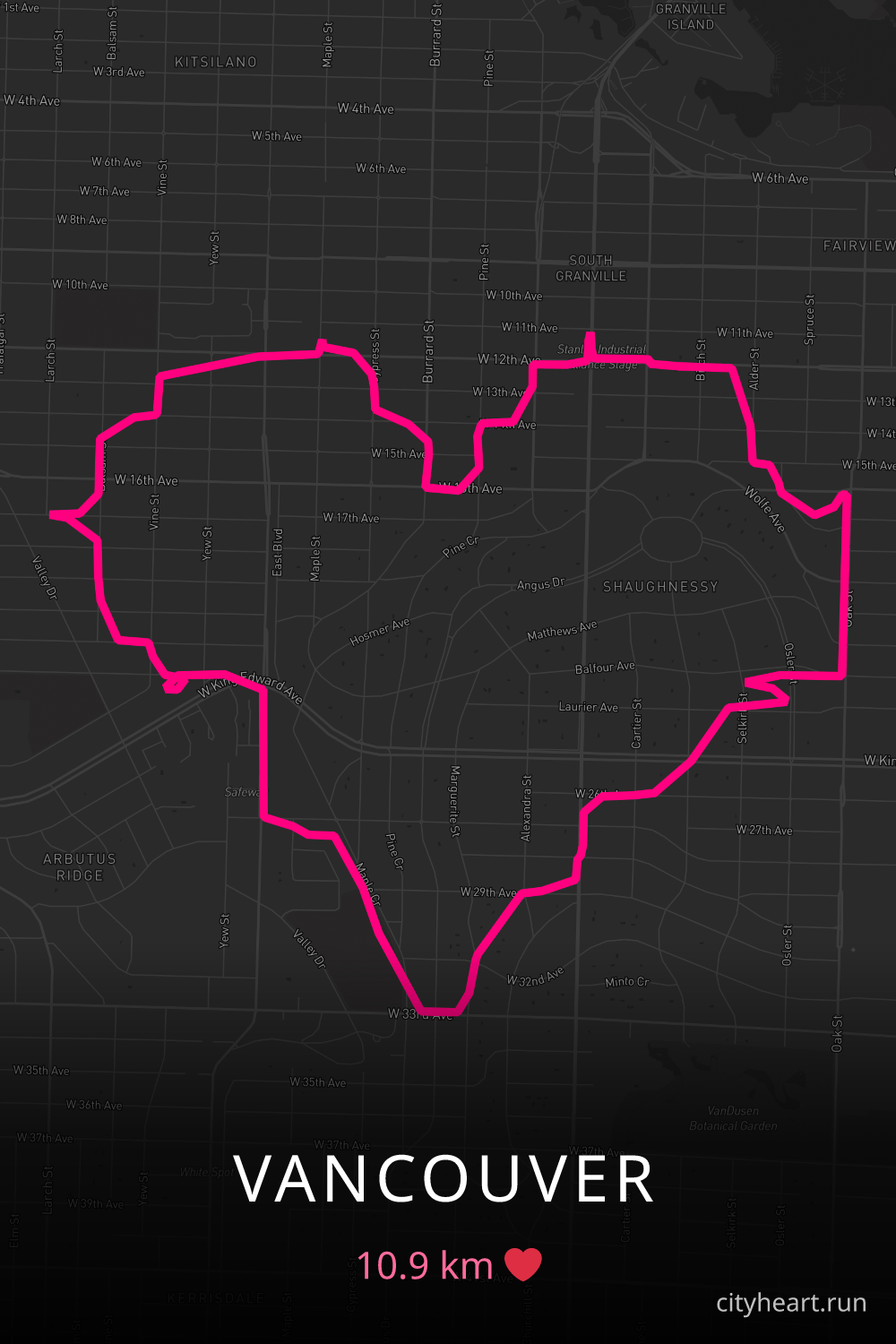 Heart-shaped running route in Vancouver, 10.9 km — GPS art for Strava