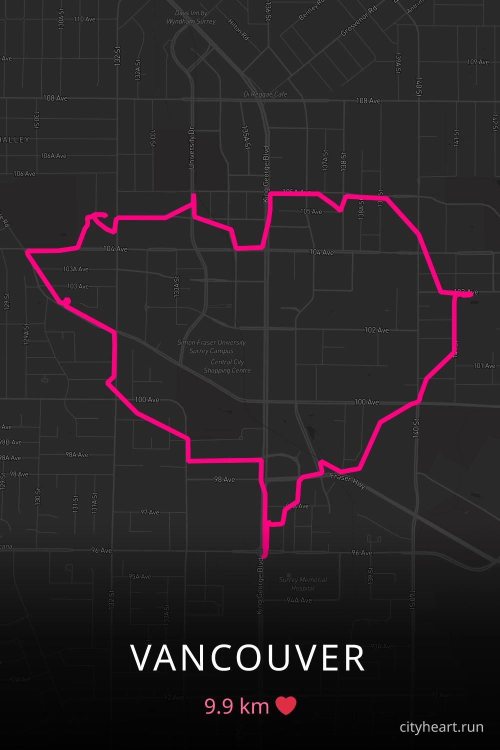 Heart-shaped running route in Vancouver, 9.9 km — GPS art for Strava