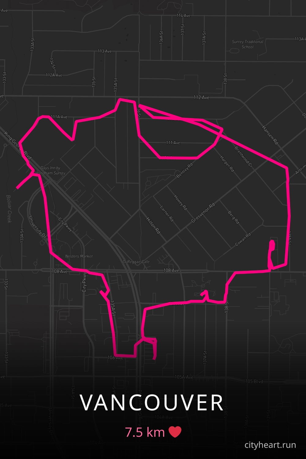 Heart-shaped running route in Vancouver, 7.5 km — GPS art for Strava