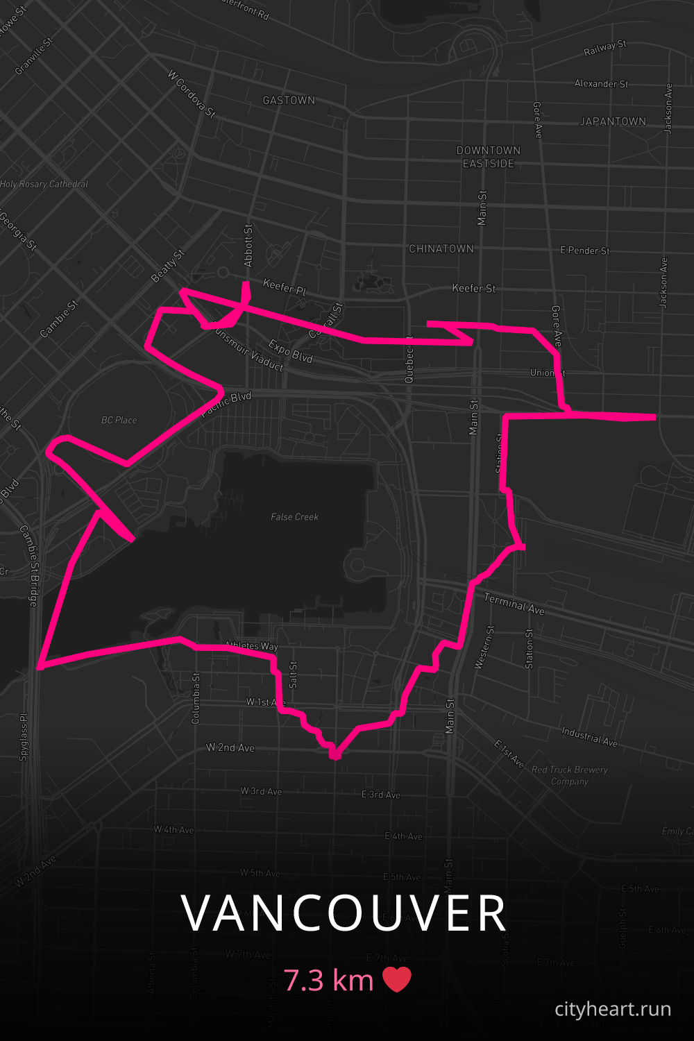 Heart-shaped running route in Vancouver, 7.3 km — GPS art for Strava