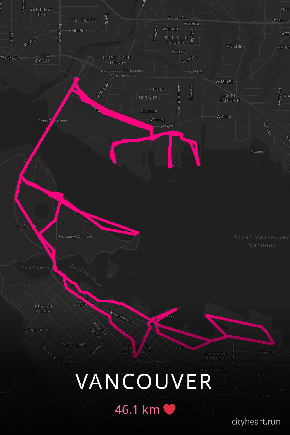 Heart-shaped running route in Vancouver, 46.1 km — GPS art for Strava