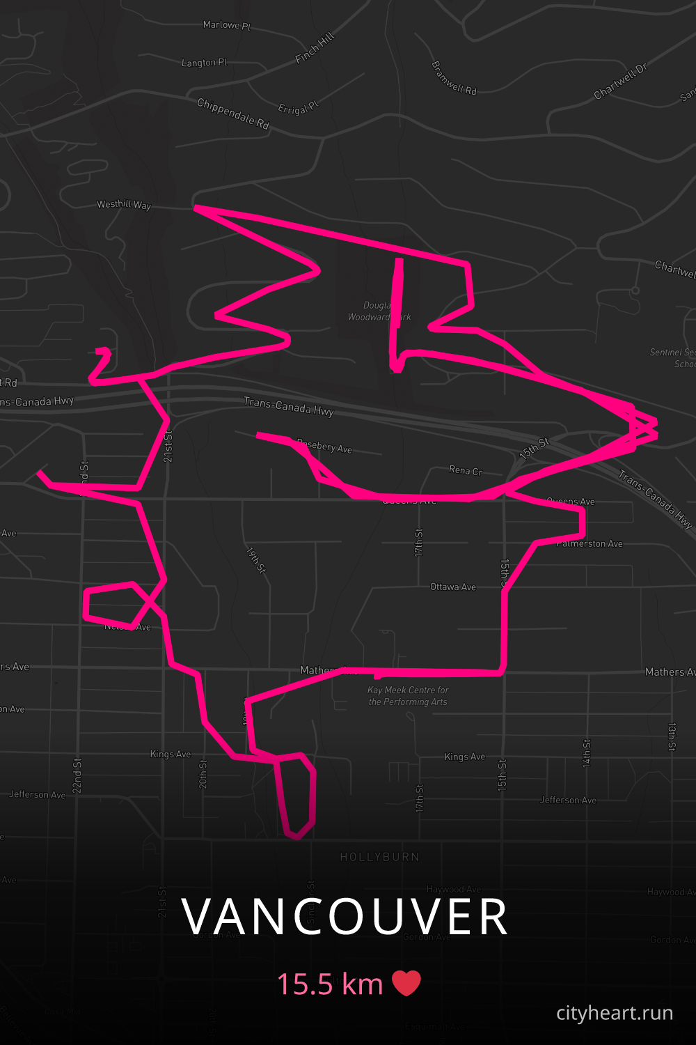 Heart-shaped running route in Vancouver, 15.5 km — GPS art for Strava