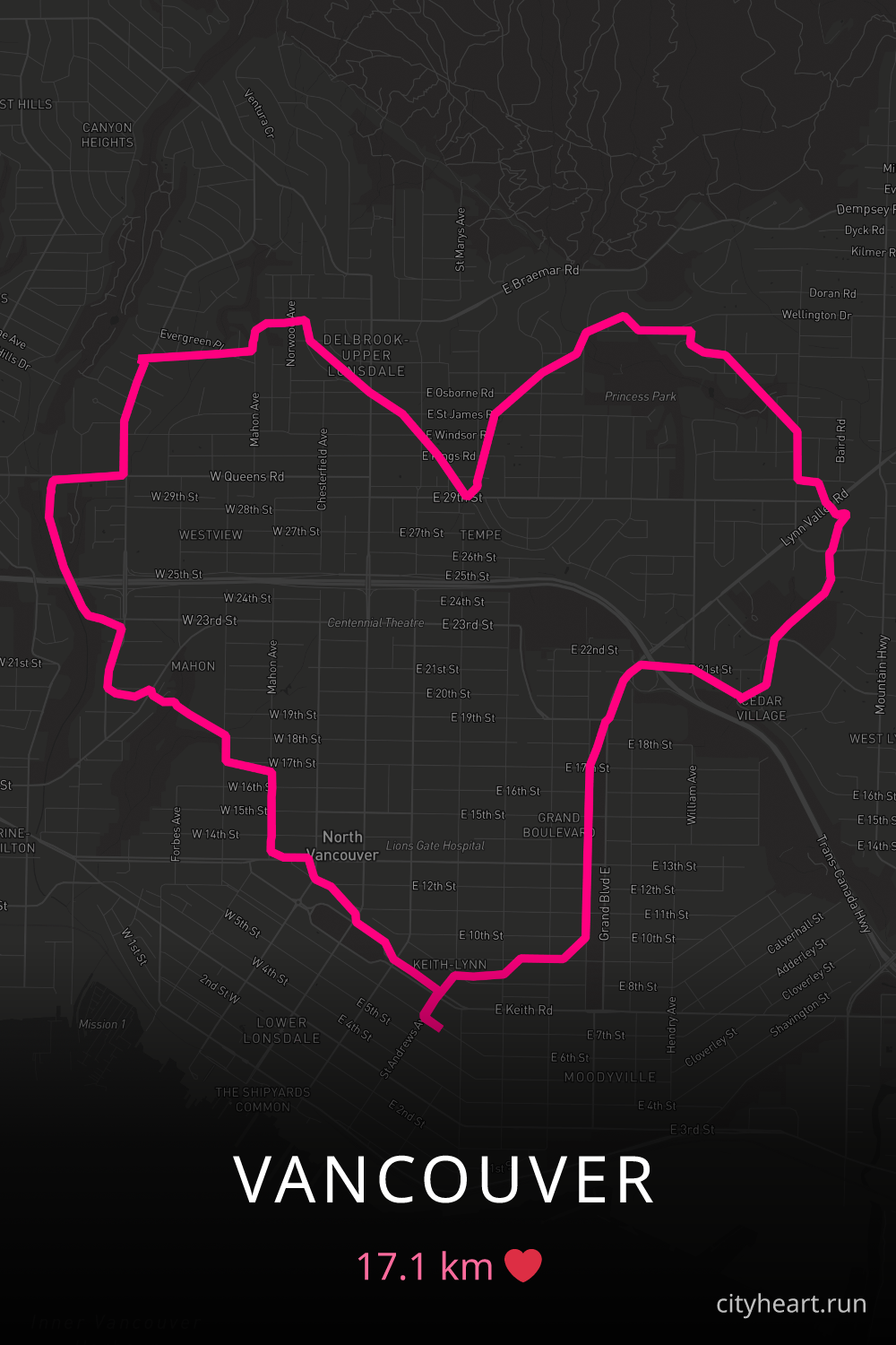 Heart-shaped running route in Vancouver, 17.1 km — GPS art for Strava