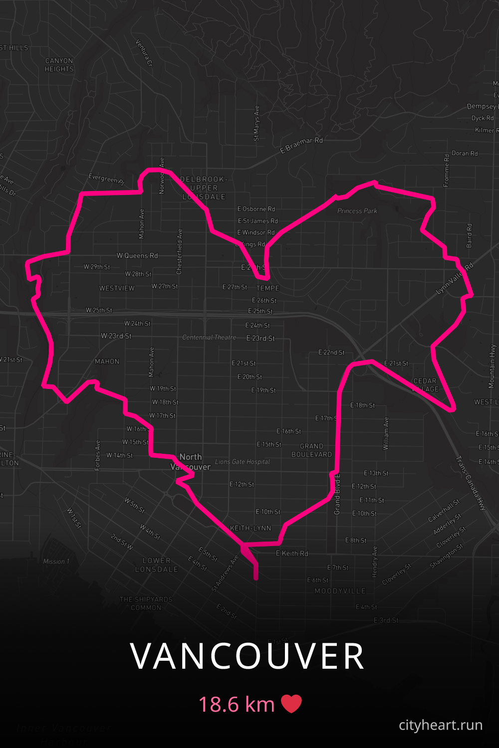 Heart-shaped running route in Vancouver, 18.6 km — GPS art for Strava
