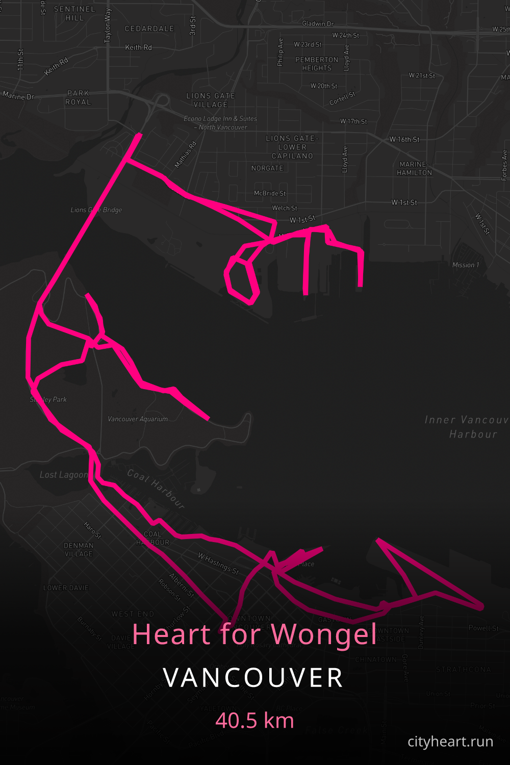 Heart-shaped running route in Vancouver, 40.5 km — GPS art for Strava