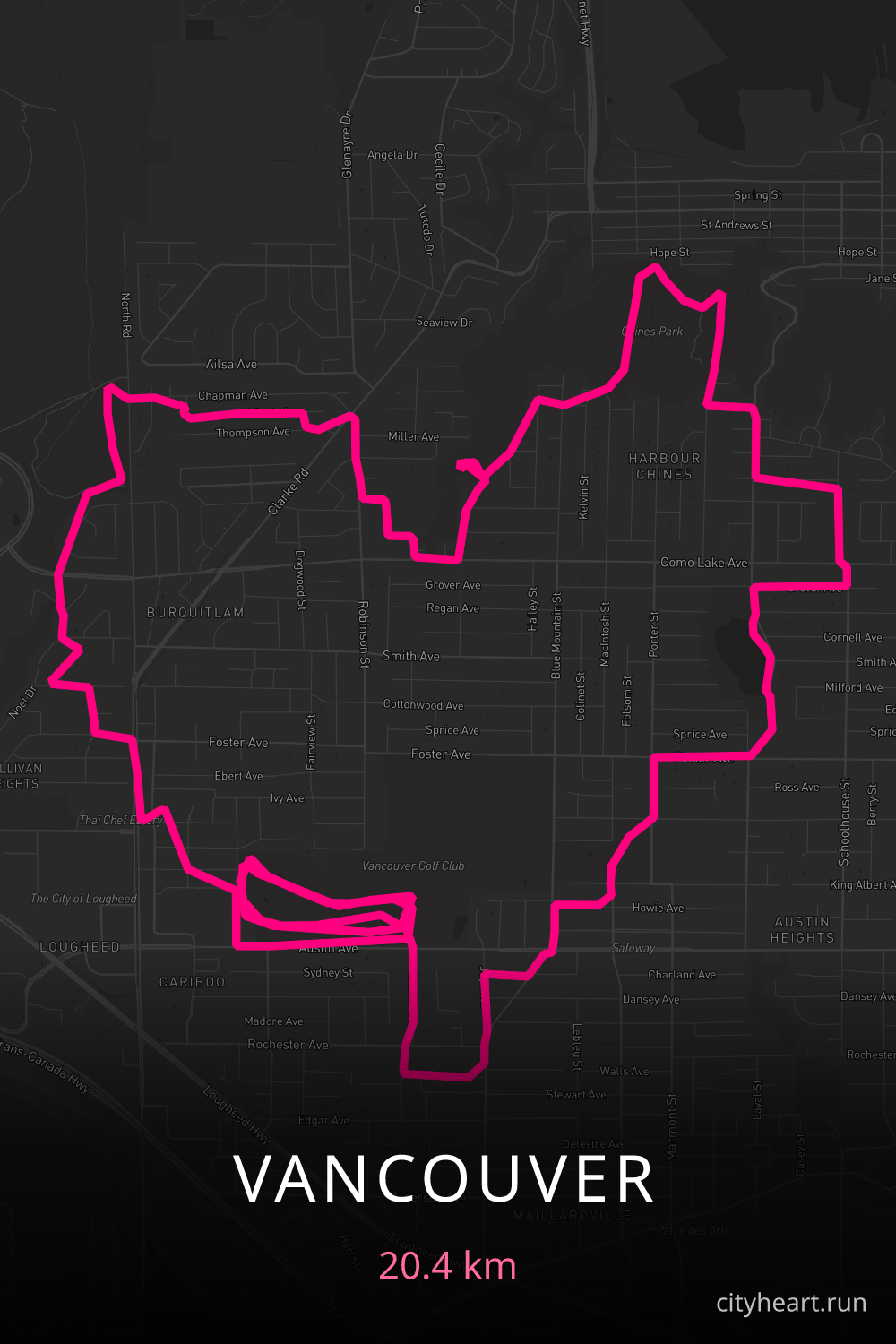 Heart-shaped running route in Vancouver, 20.4 km — GPS art for Strava