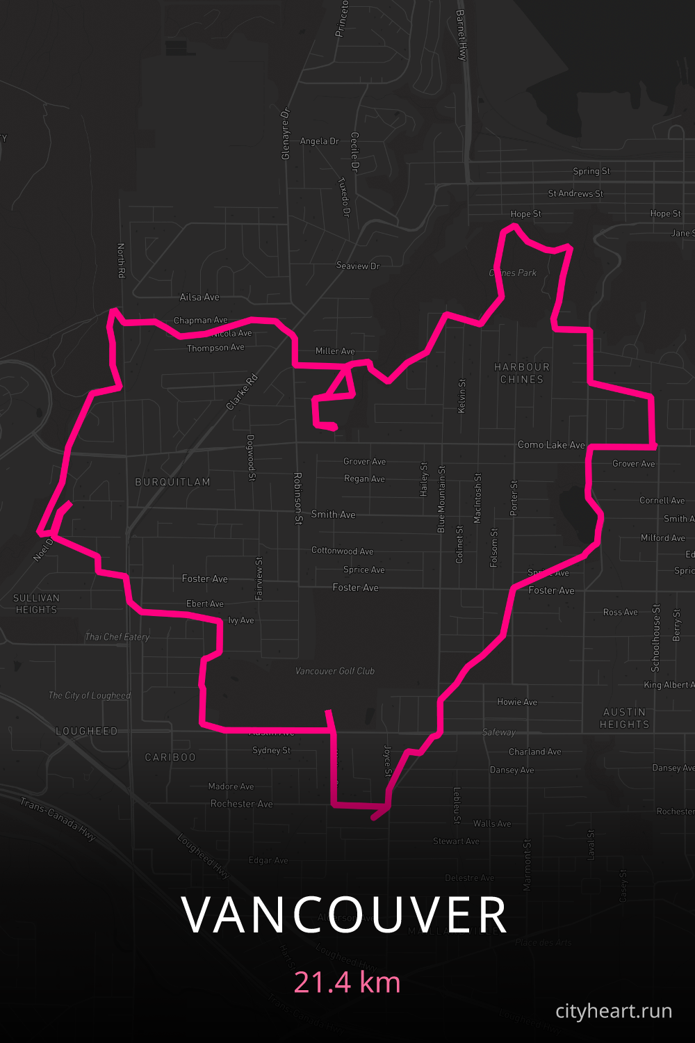 Heart-shaped running route in Vancouver, 21.4 km — GPS art for Strava