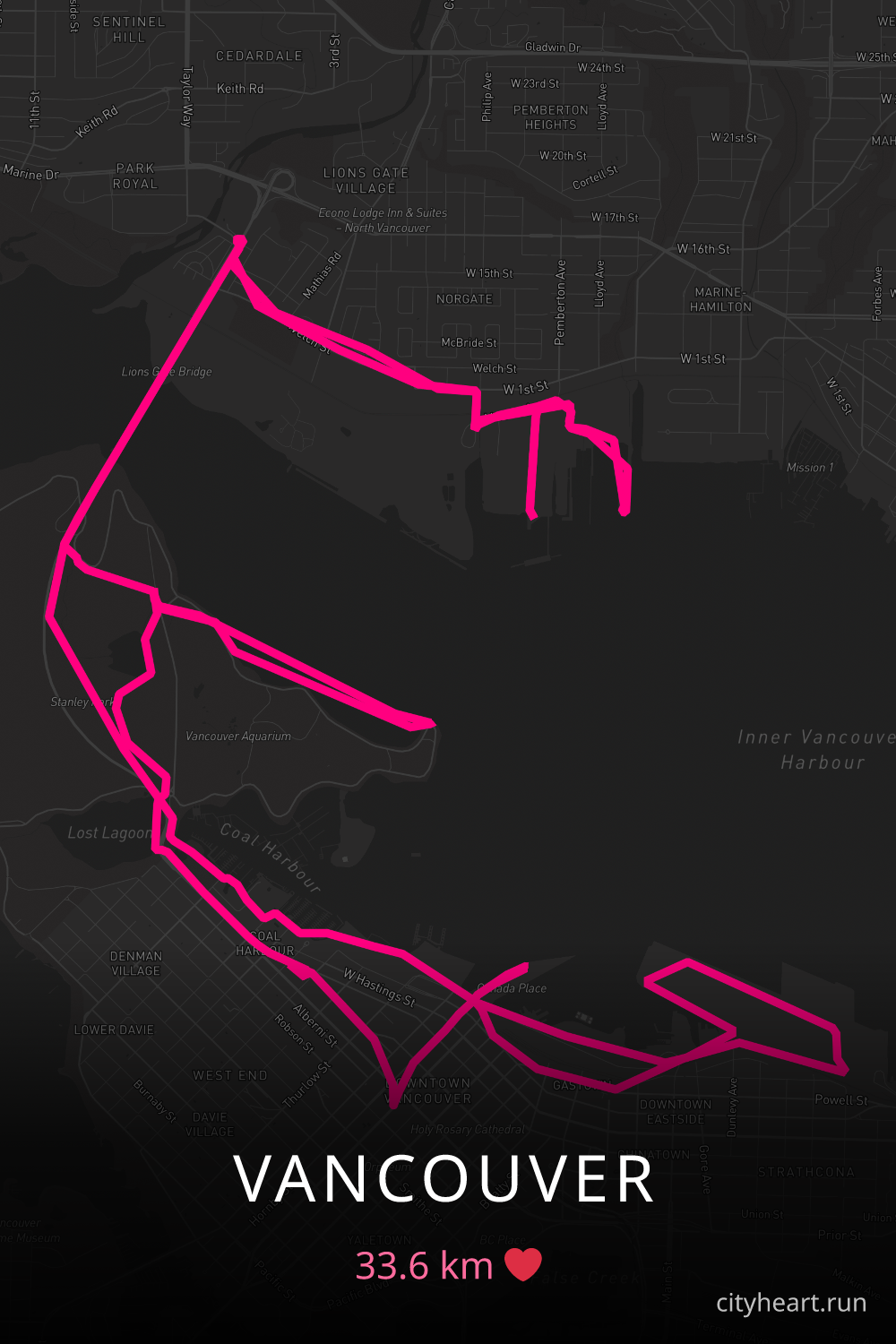 Heart-shaped running route in Vancouver, 33.6 km — GPS art for Strava