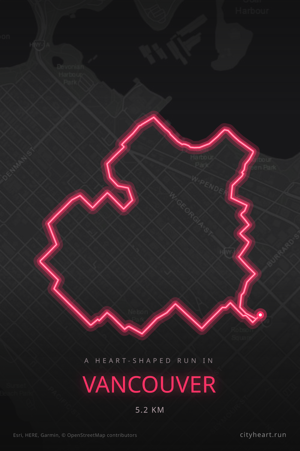 Heart-shaped running route in Vancouver, 5.2 km — GPS art for Strava