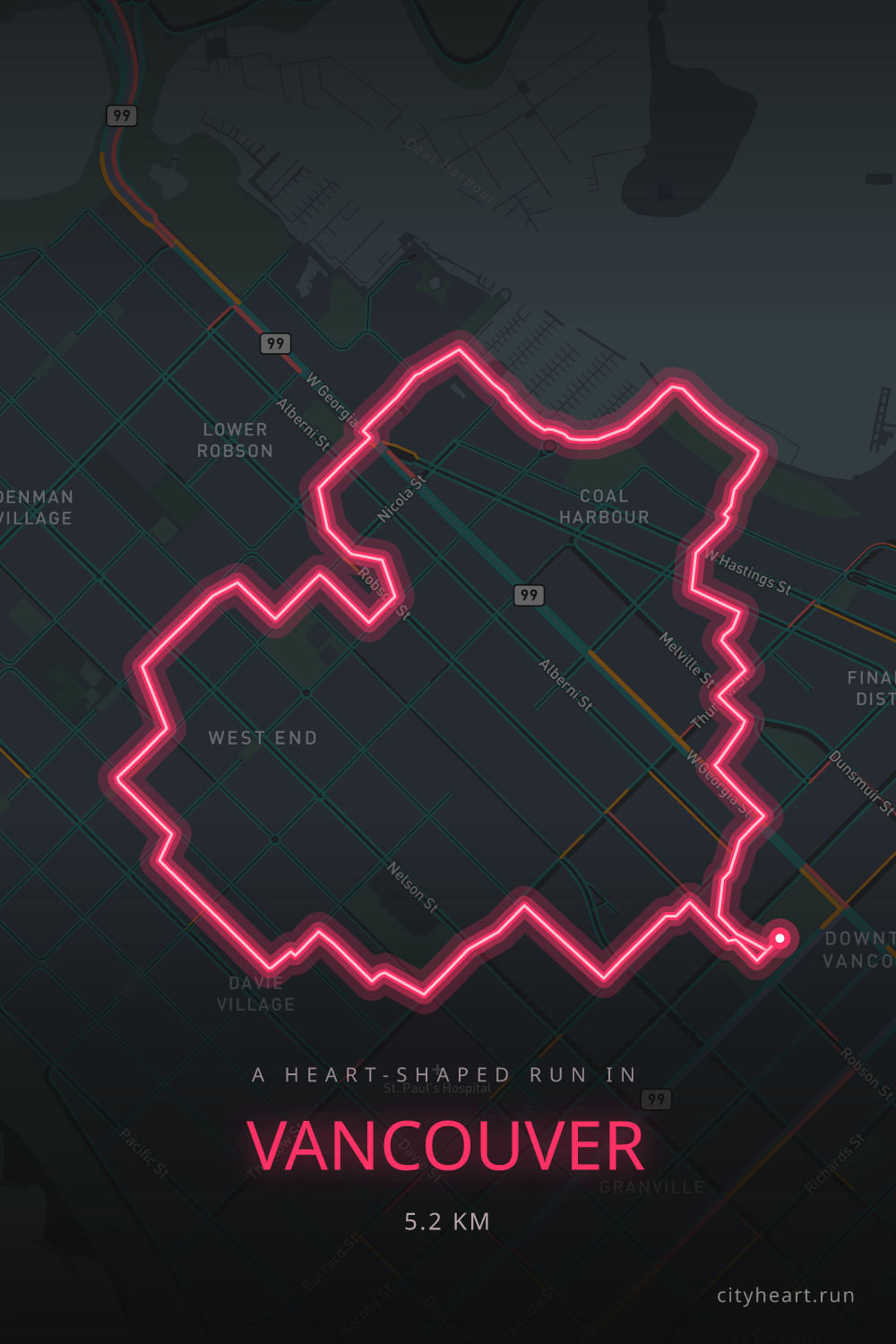 Heart-shaped running route in Vancouver, 5.2 km — GPS art for Strava