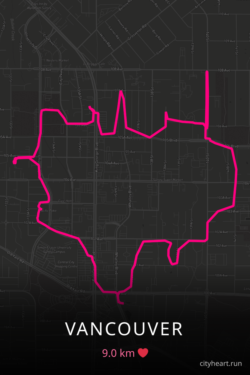 Heart-shaped running route in Vancouver, 9.0 km — GPS art for Strava