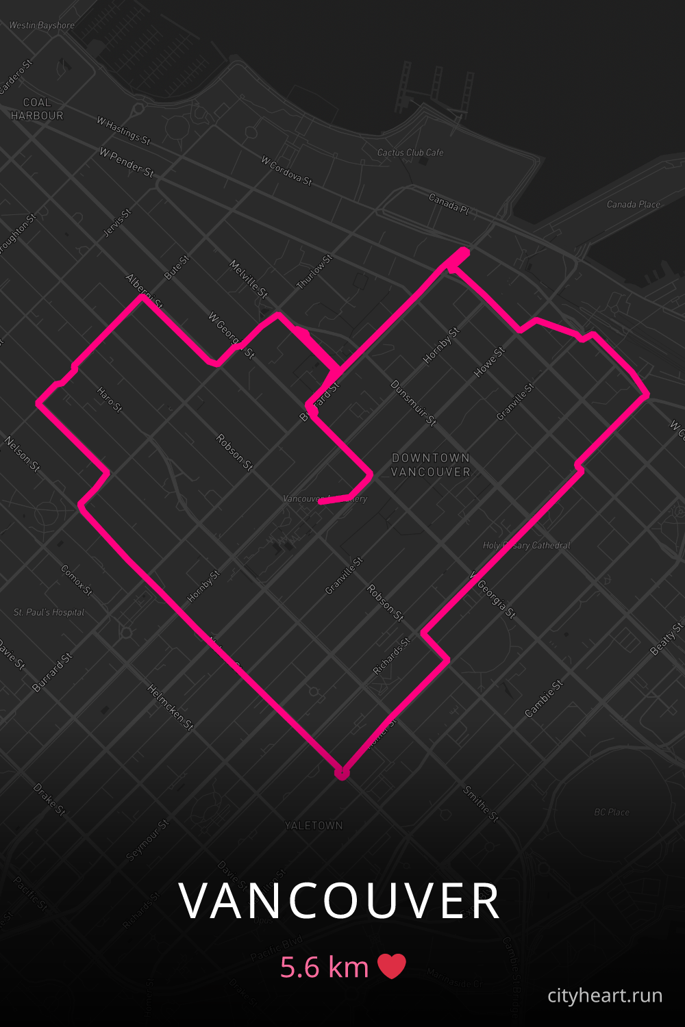 Heart-shaped running route in Vancouver, 5.6 km — GPS art for Strava