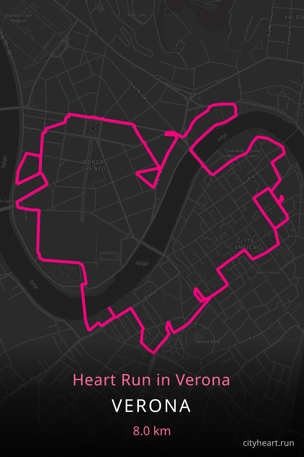 Heart-shaped running route in Verona, 8.0 km — GPS art for Strava