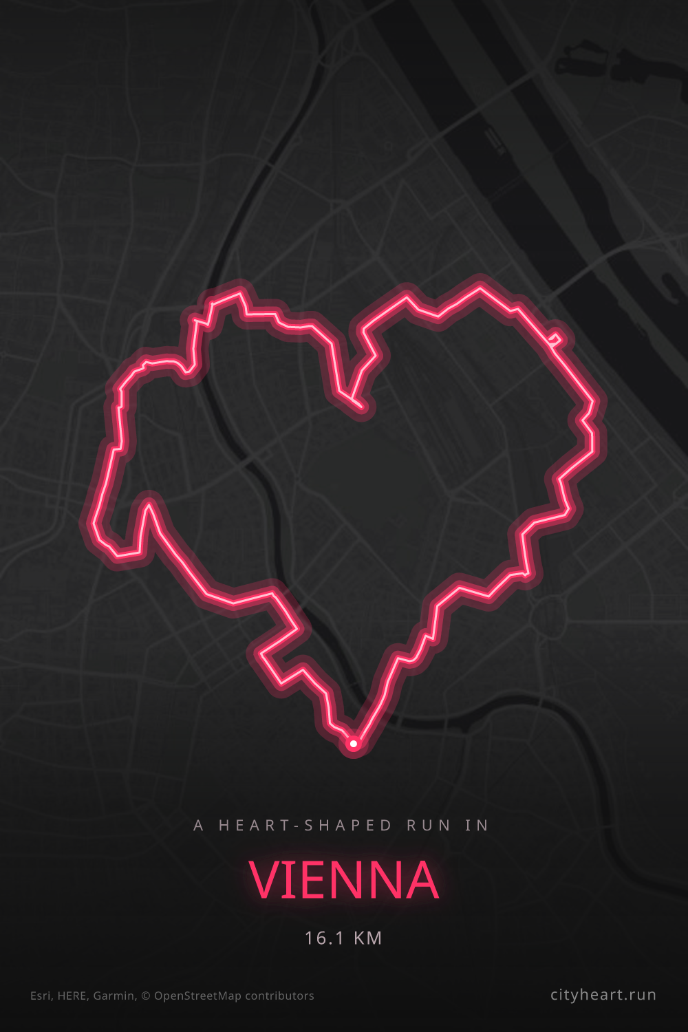 Heart-shaped running route in Vienna, 16.1 km — GPS art for Strava