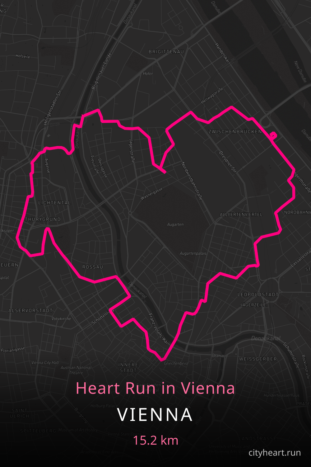 Heart-shaped running route in Vienna, 16.1 km — GPS art for Strava