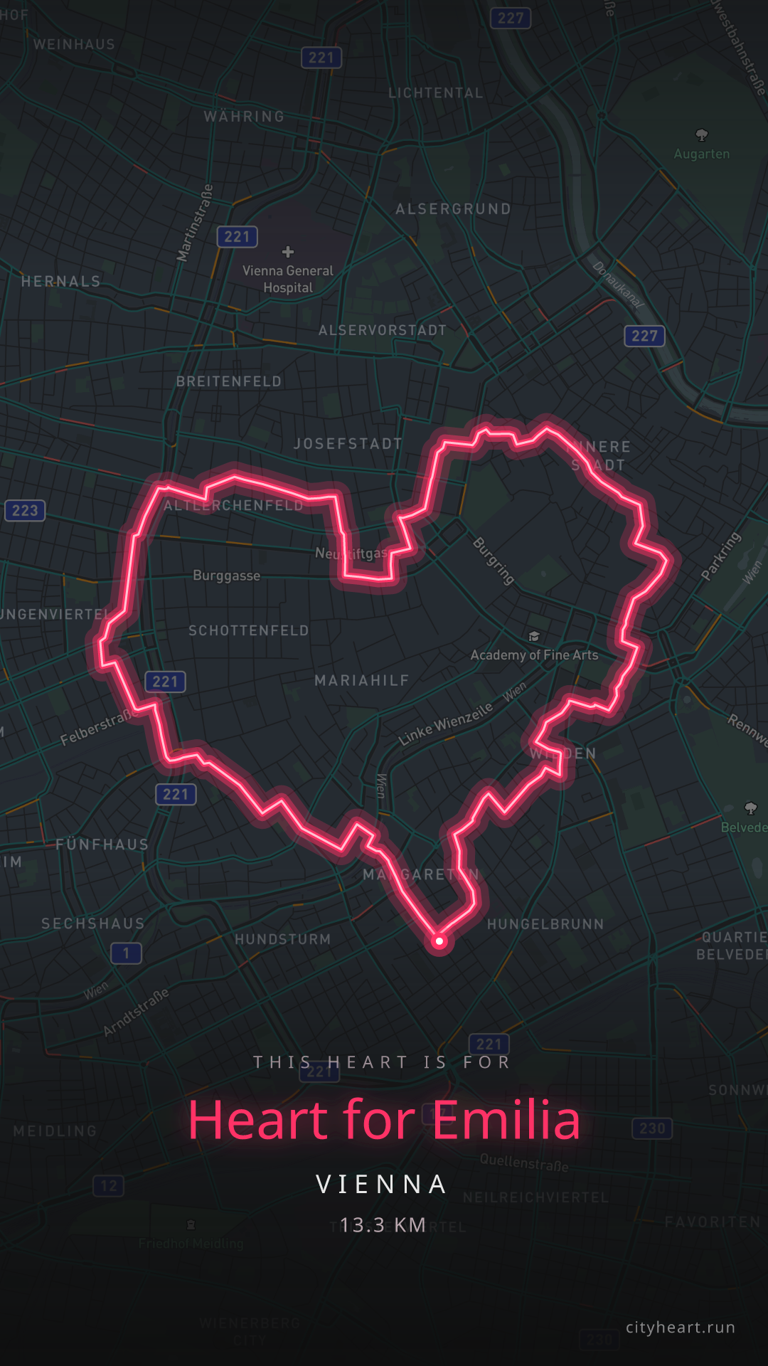 Heart-shaped running route in Vienna, 13.3 km — GPS art for Strava