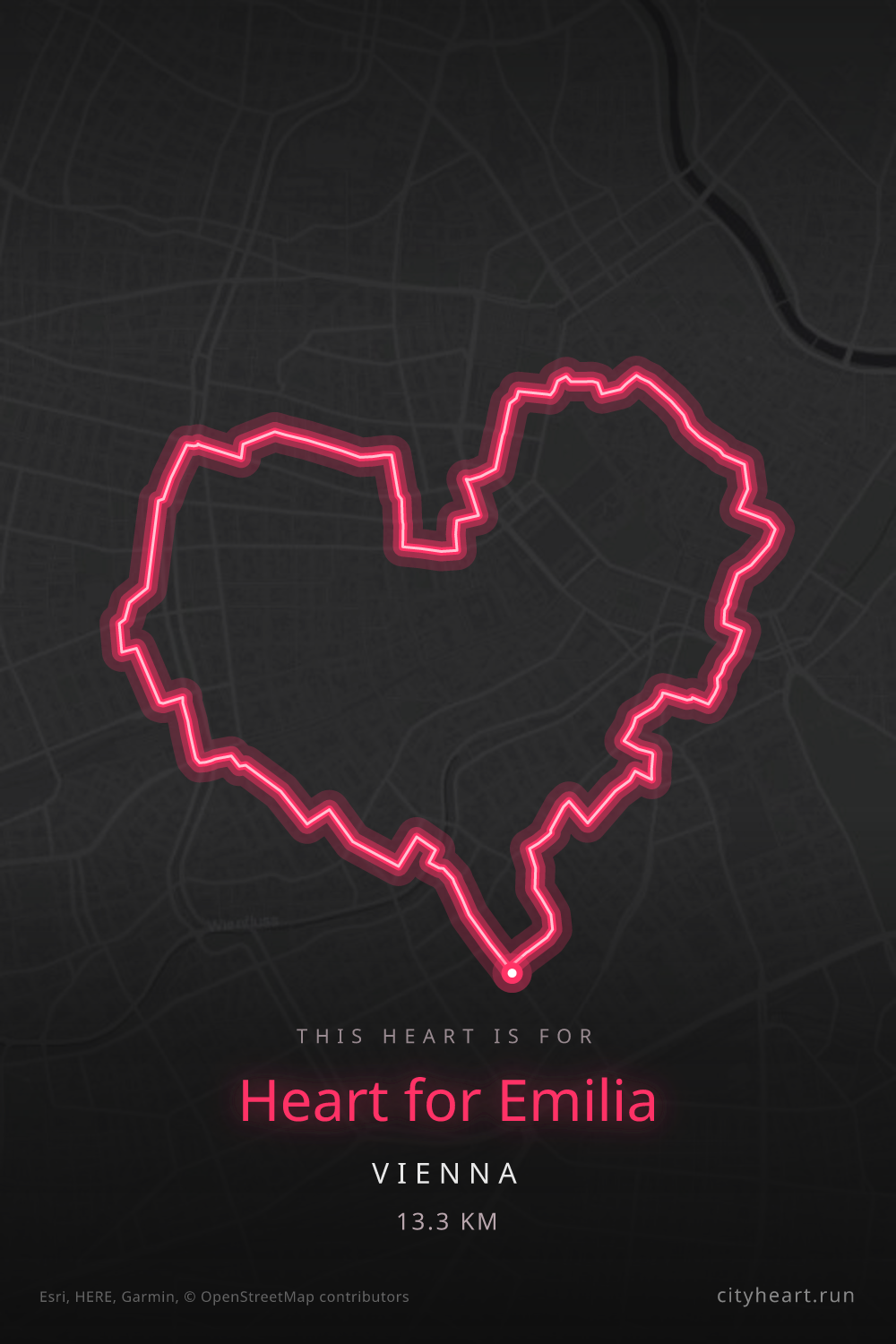 Heart-shaped running route in Vienna, 13.3 km — GPS art for Strava