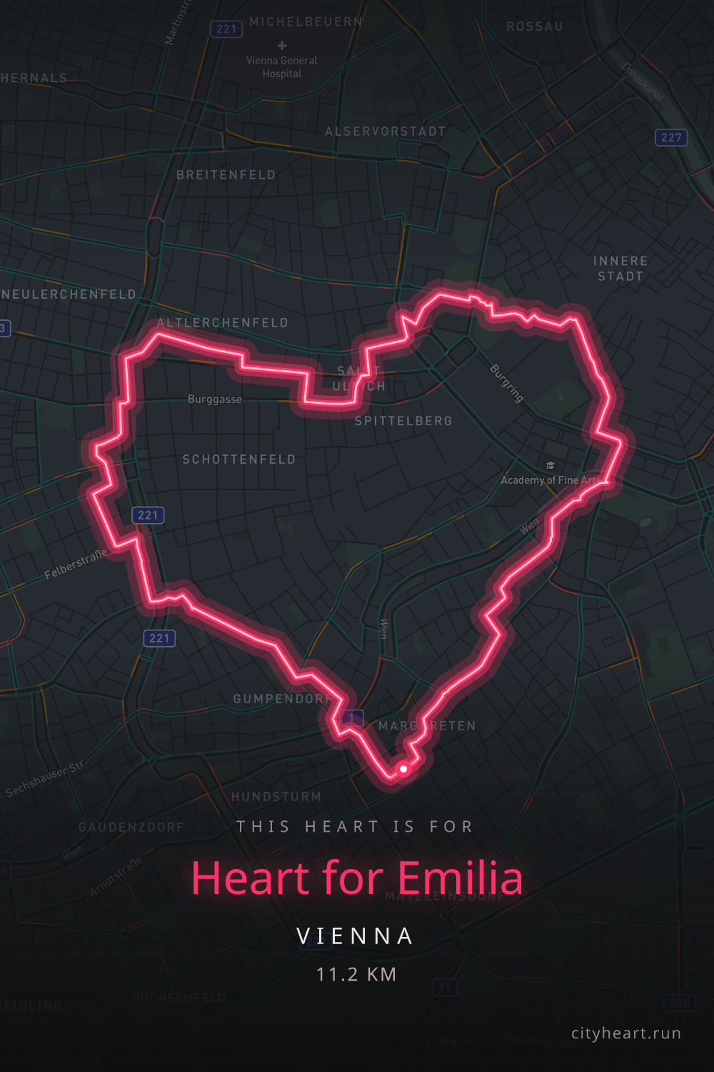 Heart-shaped running route in Vienna, 11.2 km — GPS art for Strava
