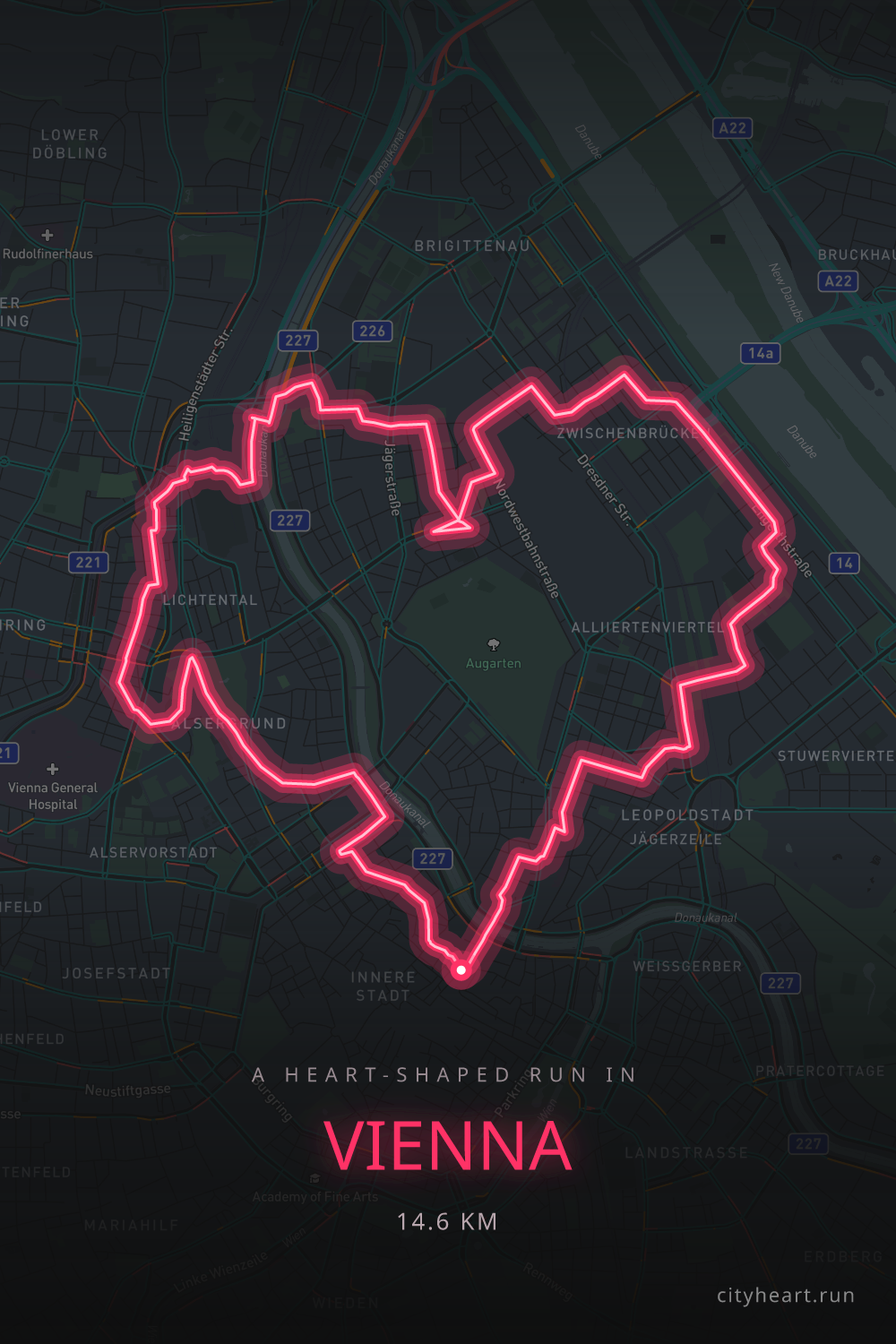 Heart-shaped running route in Vienna, 14.6 km — GPS art for Strava