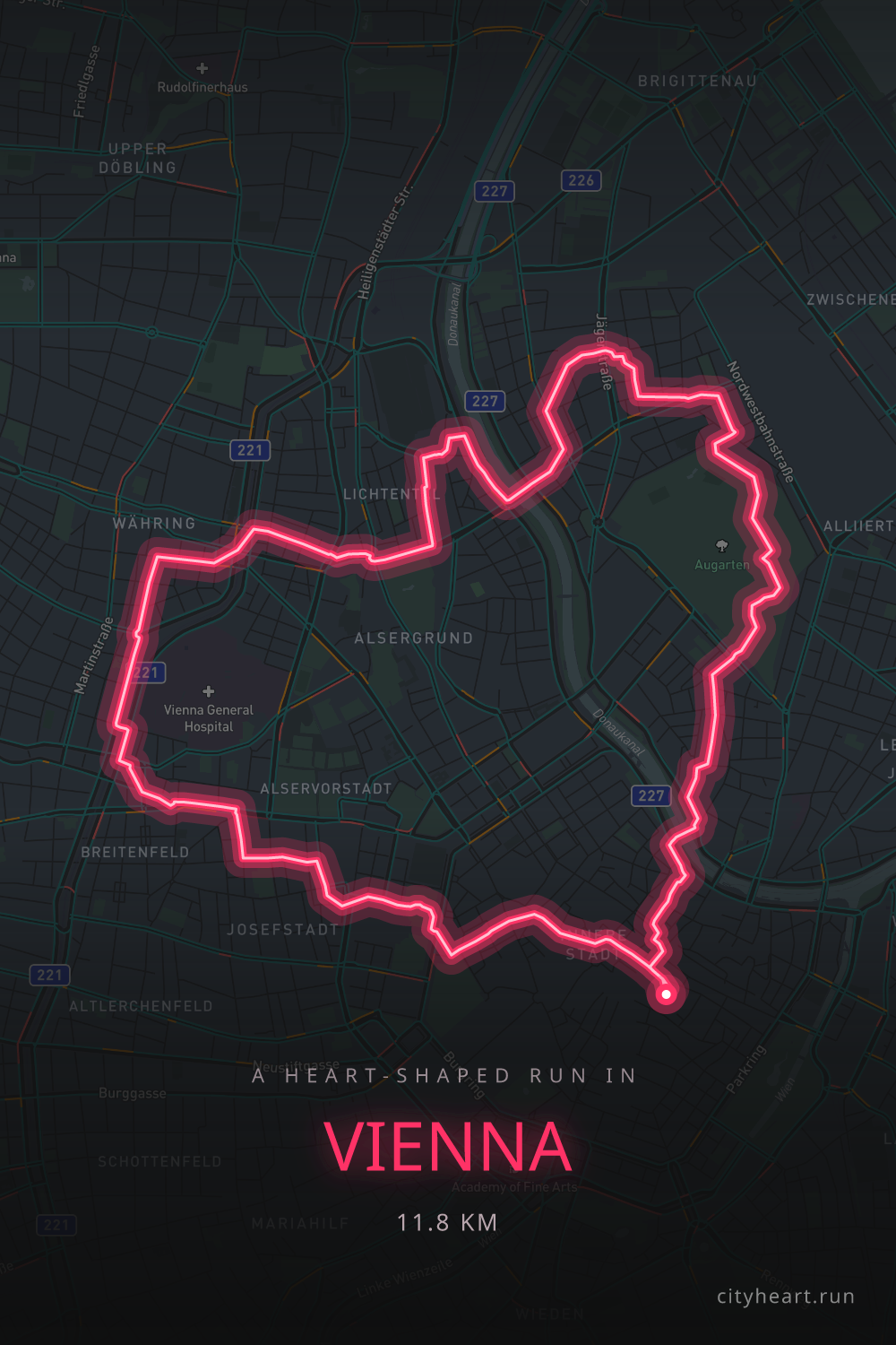 Heart-shaped running route in Vienna, 11.8 km — GPS art for Strava
