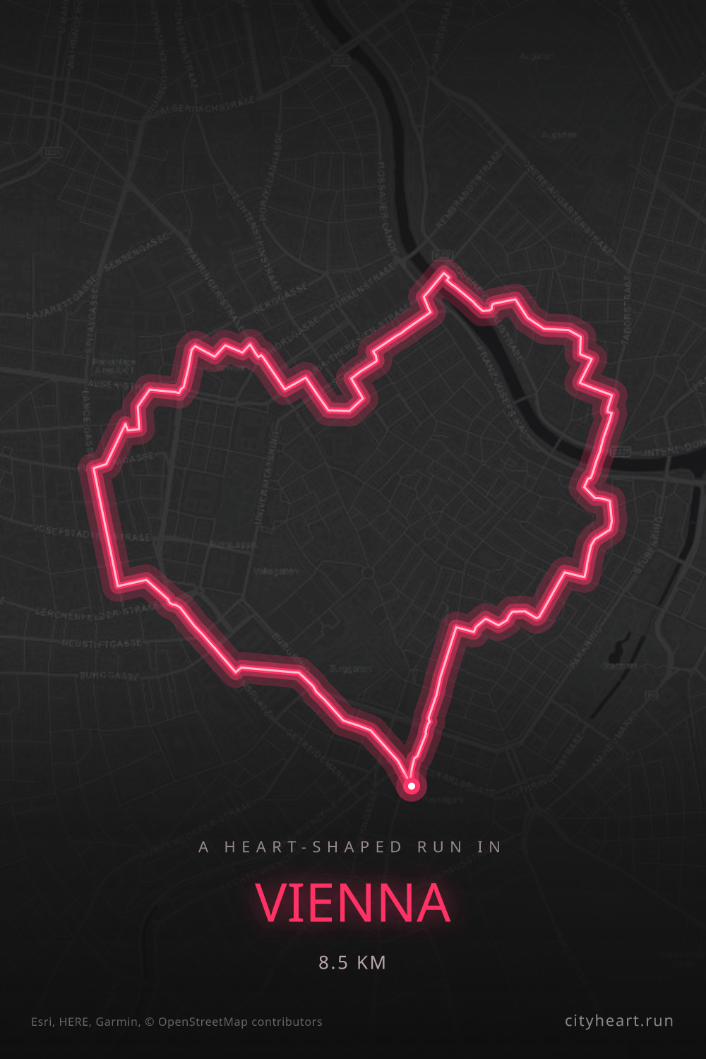 Heart-shaped running route in Vienna, 8.5 km — GPS art for Strava