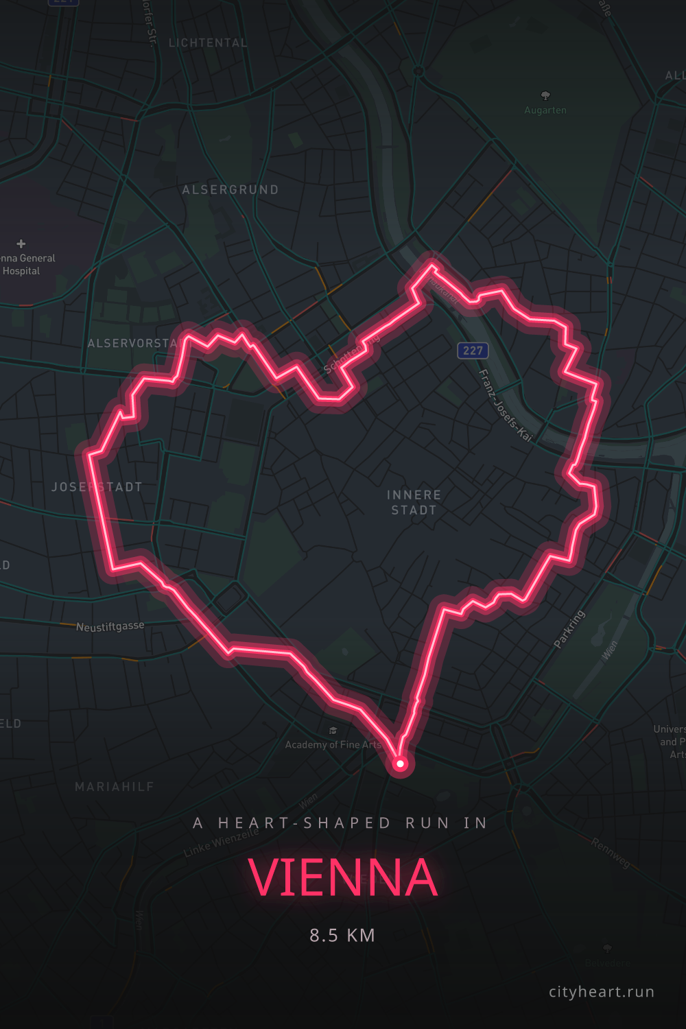 Heart-shaped running route in Vienna, 8.5 km — GPS art for Strava
